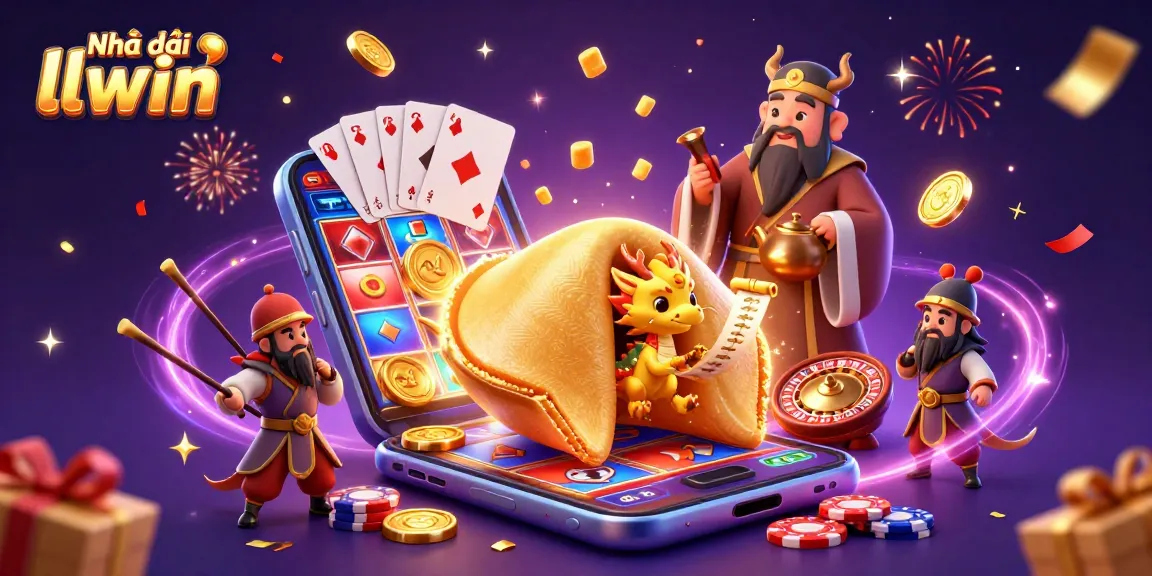 Engage in thrilling gameplay at Nhà cái llwin with dynamic slots and vibrant casino elements featuring a 3D fortune cookie scene.