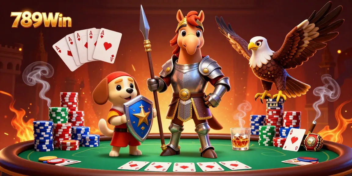 Experience exciting poker action with 789Win as a knight, puppy, and falcon engage in a vibrant casino scene.