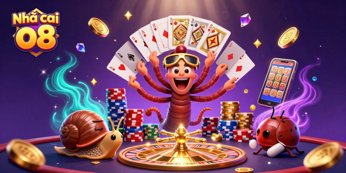 Engage with Nhà cái o8's vibrant 3D casino scene featuring a millipede dealer and dynamic game elements.