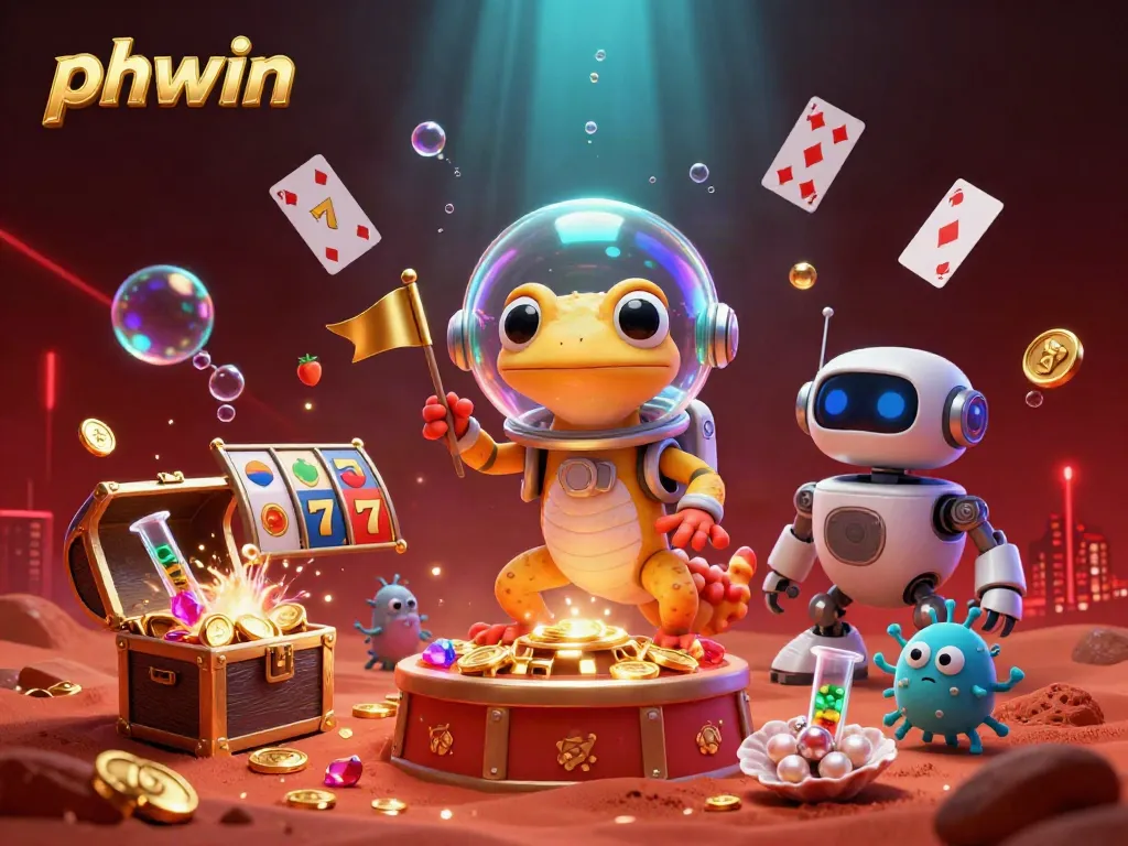 Engage in phwin's thrilling gaming experience with a Martian gecko discovering an alien casino.