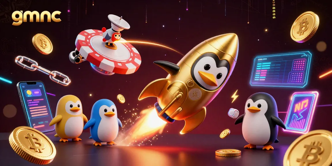Experience gmnc with a golden penguin soaring towards a dazzling casino space station.