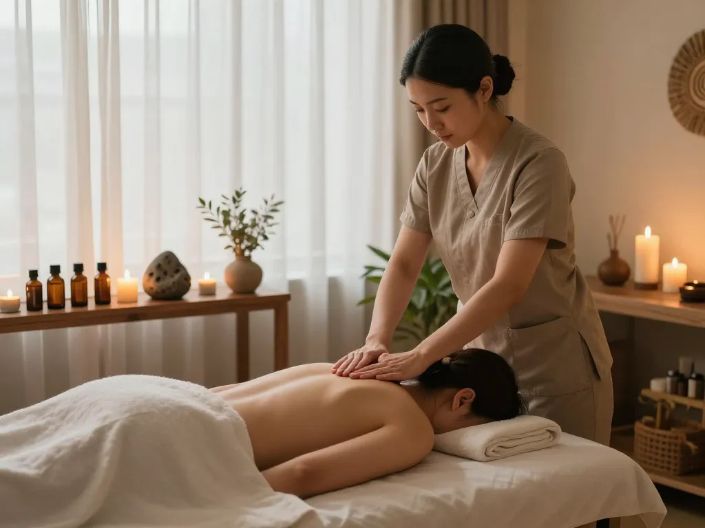 Spa Ad showcasing a relaxing treatment room with a client receiving a massage and soothing ambiance