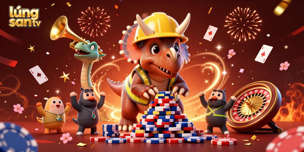 Lương sơn tv creates a vibrant gaming scene with a triceratops building poker chip pyramids and casino elements.