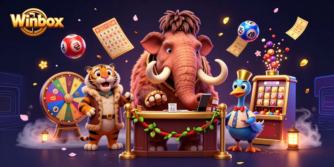 Winbox's vibrant casino scene with a woolly mammoth bouncer and colorful lottery elements in action.