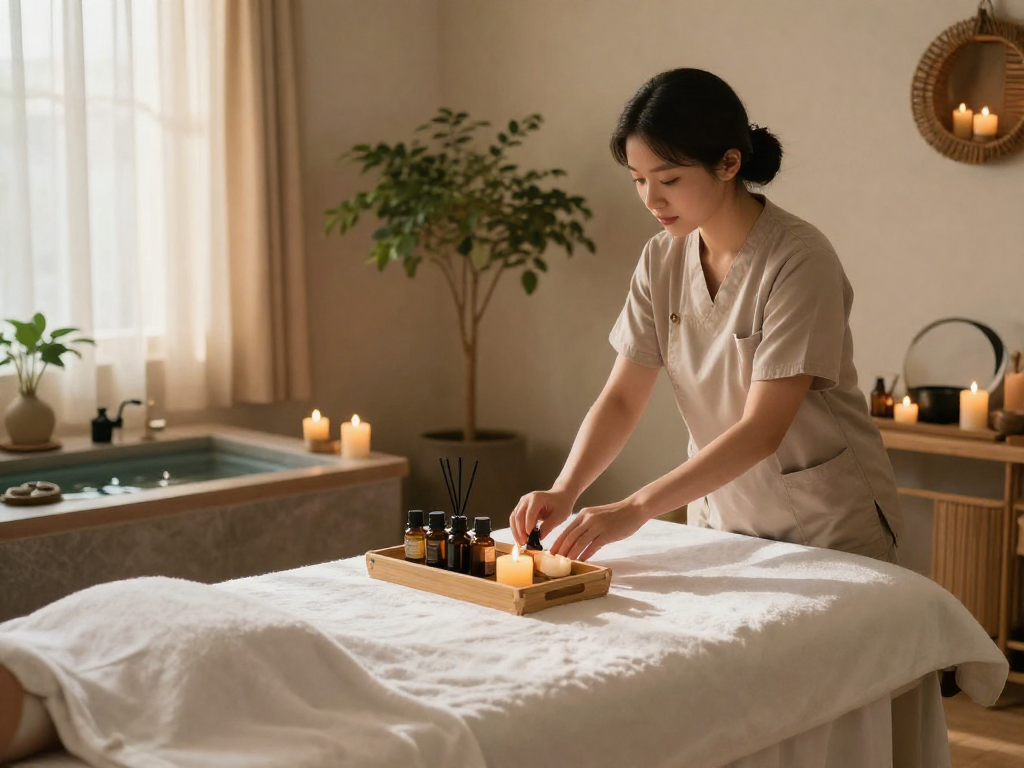 Relaxing 남양주출장안마 session in a serene spa setting with soothing lights and aromatherapy.