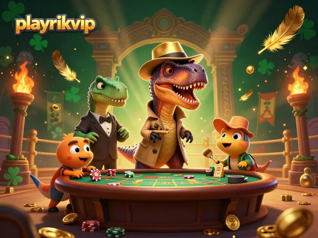 Playrikvip depicts a 3D velociraptor card counter at a blackjack table amid swirling golden particles.