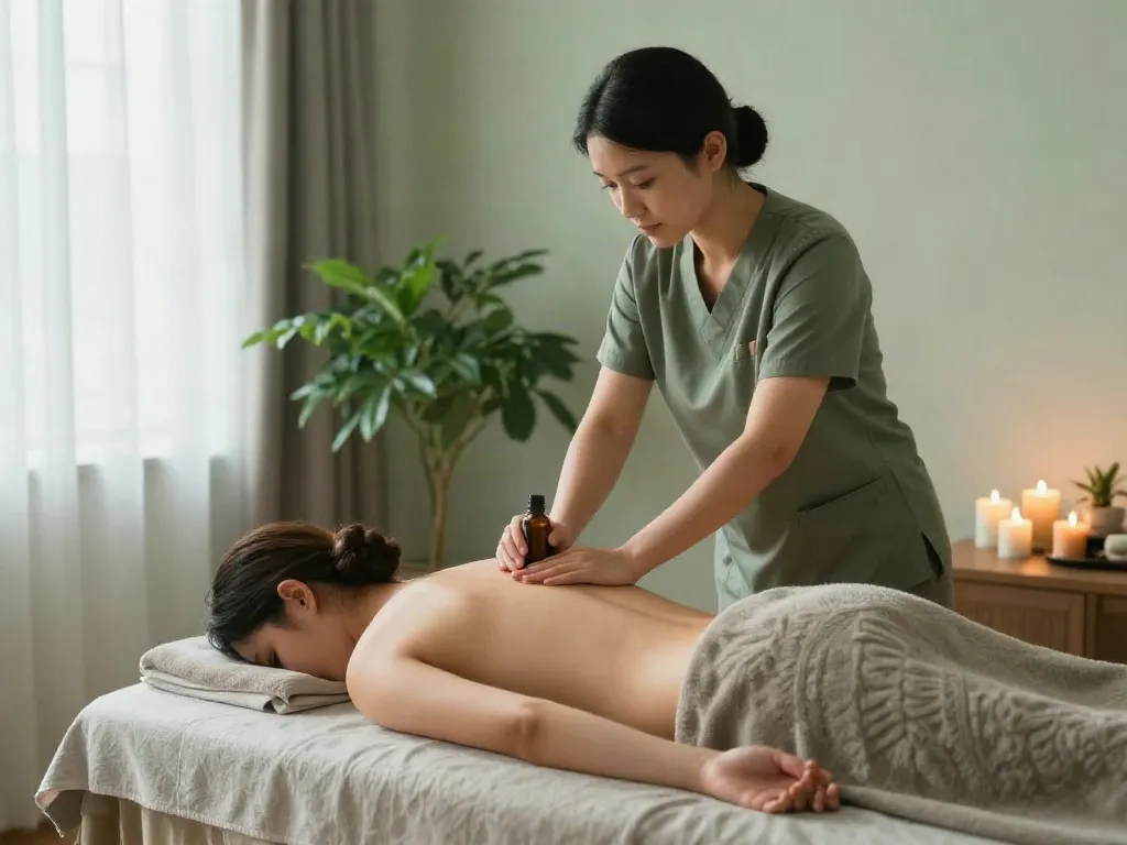 영등포출장마사지 전문가가 아로마 오일을 사용해 고객에게 편안한 마사지를 제공하는 장면입니다.