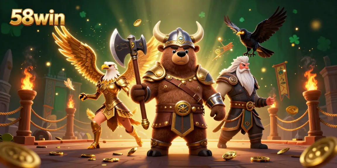 Engage with the thrilling atmosphere of 58win gaming featuring a Viking bear and Valkyrie in a rich casino scene.