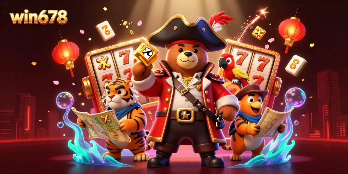 Win678 players delight in spinning slot reels surrounded by vibrant casino elements and colorful characters.