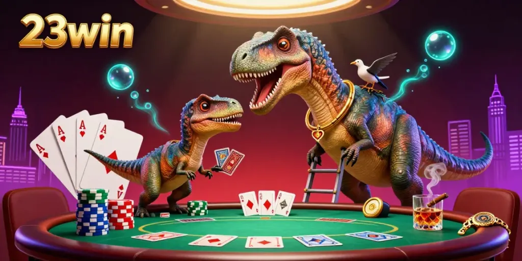 23win offers an exciting casino experience with a vibrant poker scene featuring colorful poker chips and characters.