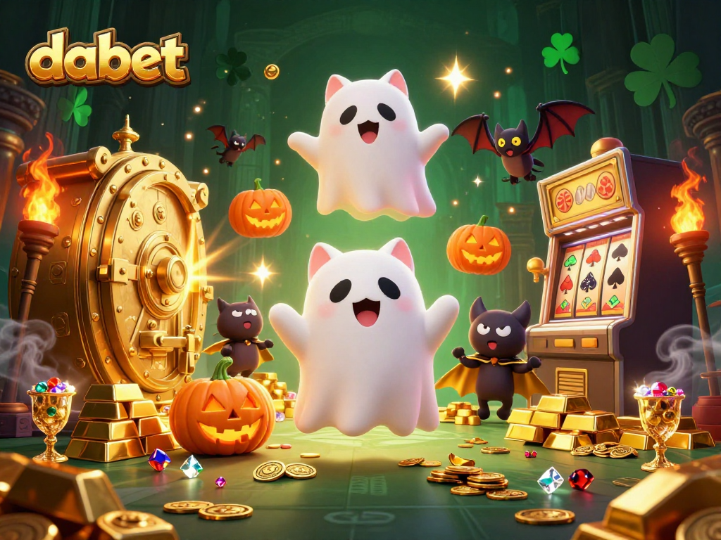 dabet offers a vibrant scene of a ghost cat and vampire bat in a haunted casino filled with treasure.