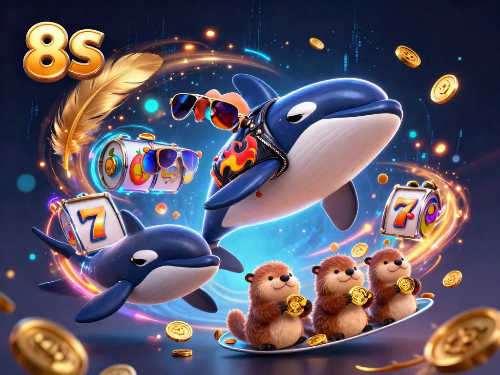 Engaging scene with the 8 S orca whale, stingray, and otters in a vibrant casino atmosphere.
