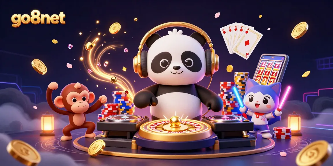 Experience the vibrant excitement of go8net with a playful DJ panda and dynamic casino elements.