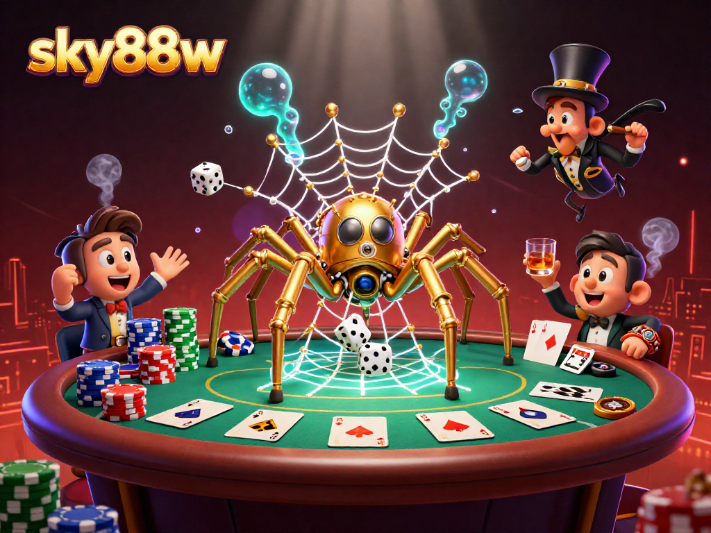 Engage with the excitement of sky88w as a steampunk spider captures dice in a vibrant casino scene.