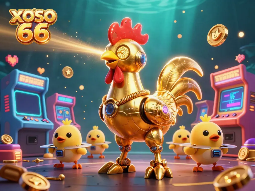 Engage with XOSO 66 as a golden rooster robot leads colorful casino-themed arcade games.