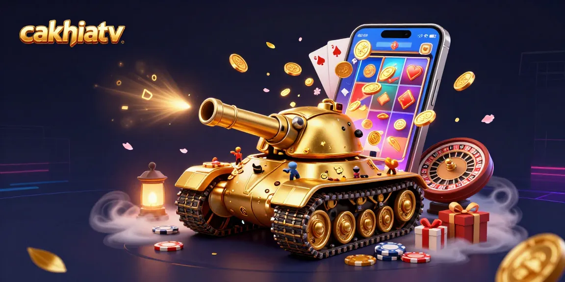 Cakhiatv enhances online gaming with a vibrant casino scene featuring a golden beetle tank and dynamic slot game elements.