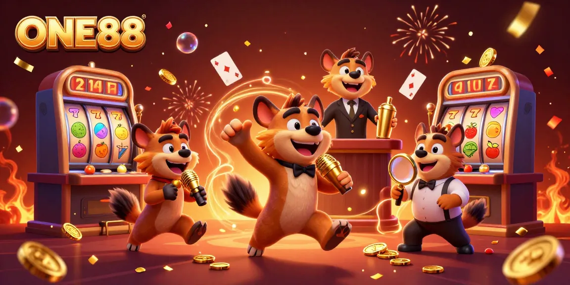 ONE88 hyenas perform at a vibrant casino comedy club amidst glittering slot machines and gold coins.