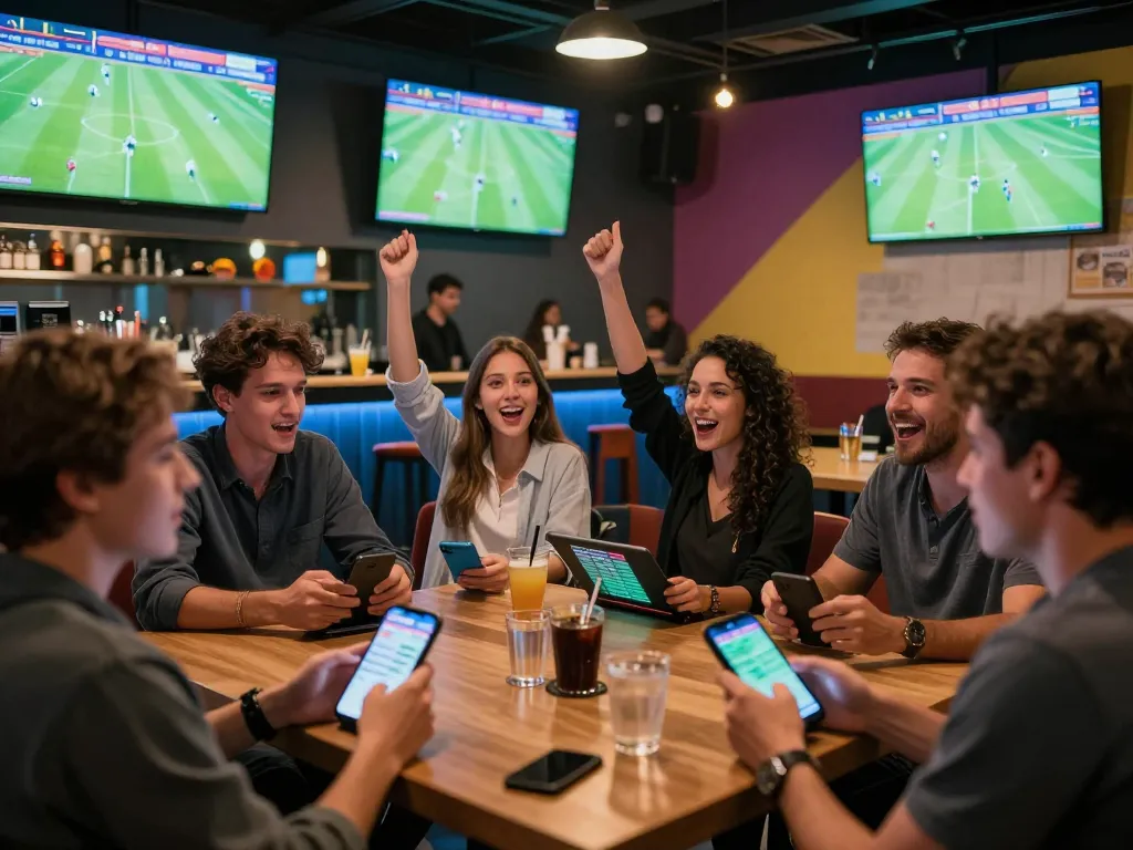 O8 bóng đá enthusiasts engaged in sports betting excitement at a modern lounge, capturing the thrill of placing bets.