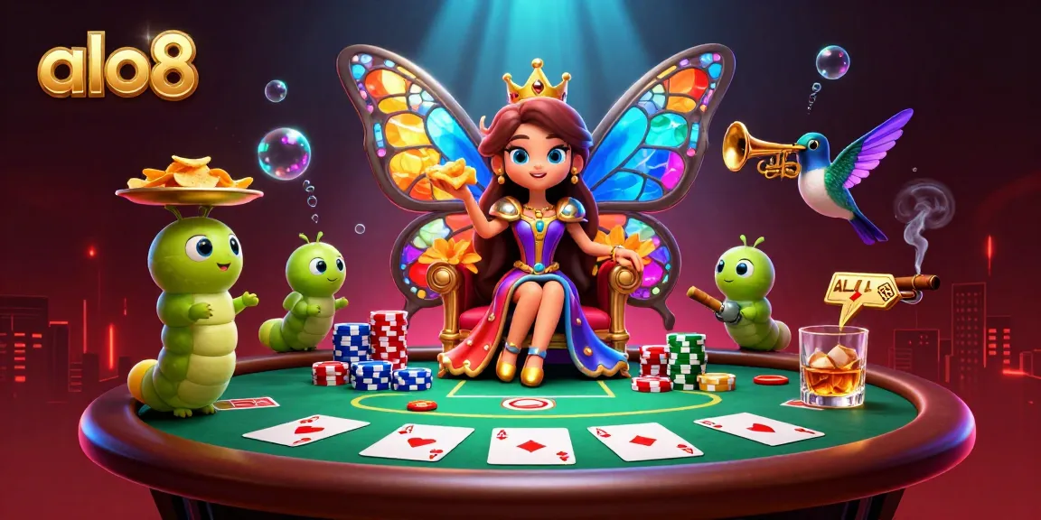 Experience the excitement of alo8 at a dazzling poker scene with a butterfly queen and vibrant casino elements.