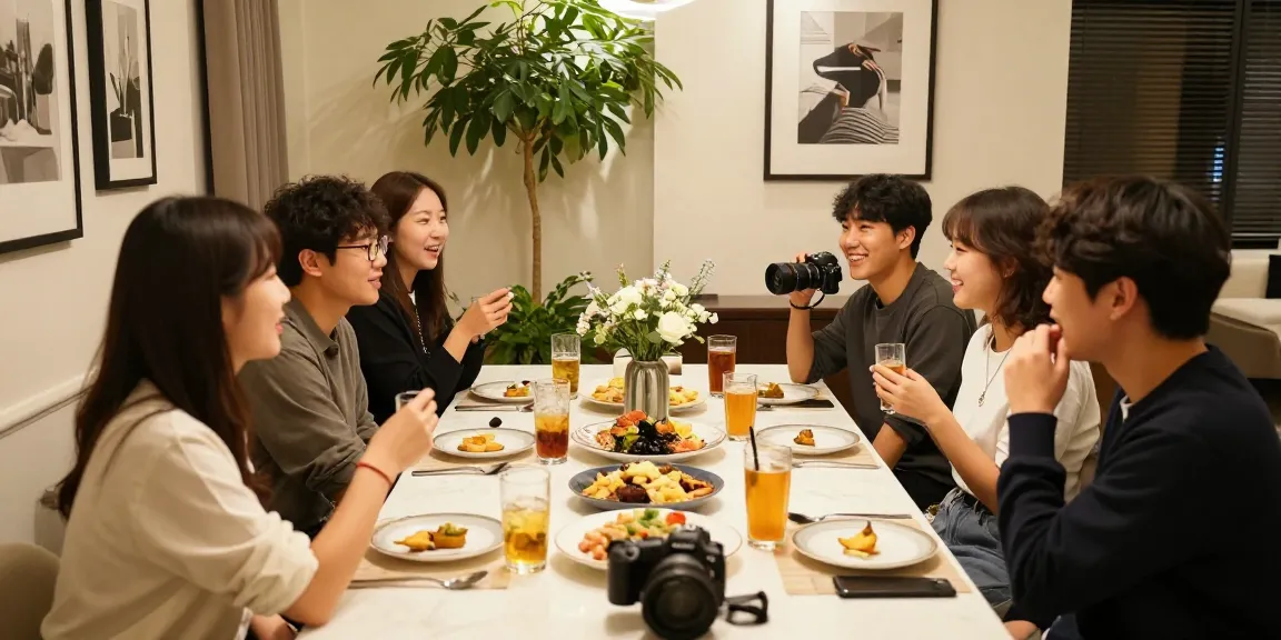 강남구구단에서 즐거운 대화를 나누는 친구들, 세련된 인테리어와 분위기로 아늑한 사적 공간을 경험하는 장면