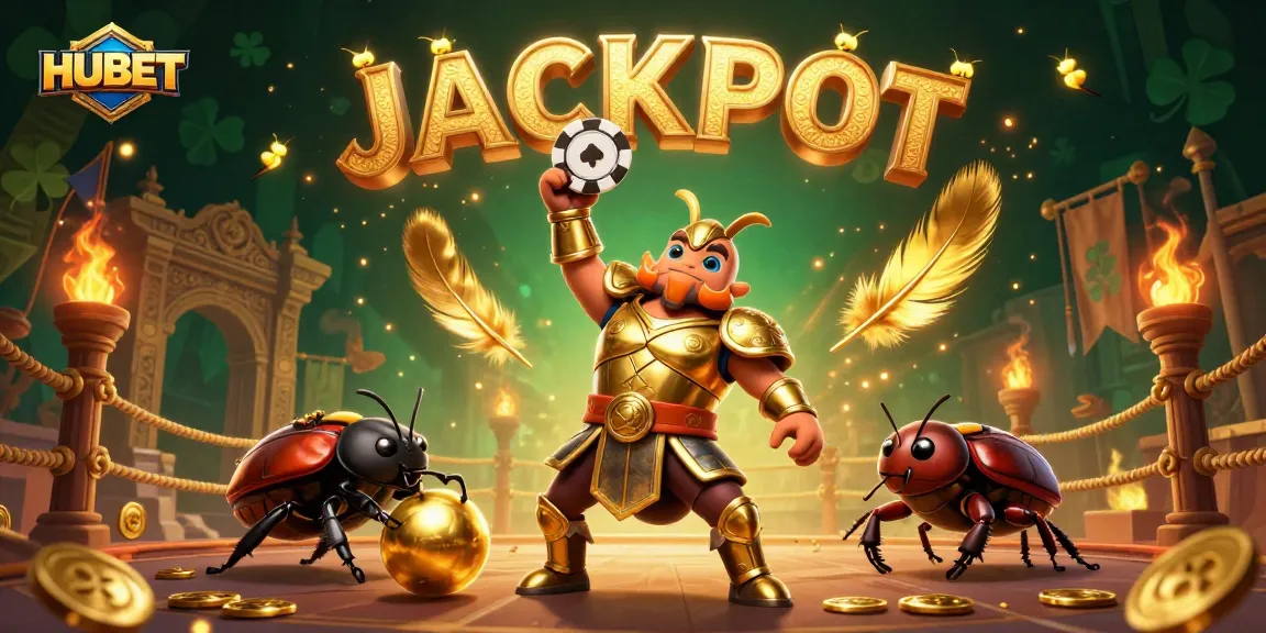 Win with HUBET as a victorious beetle lifts a poker chip in a dynamic casino scene.