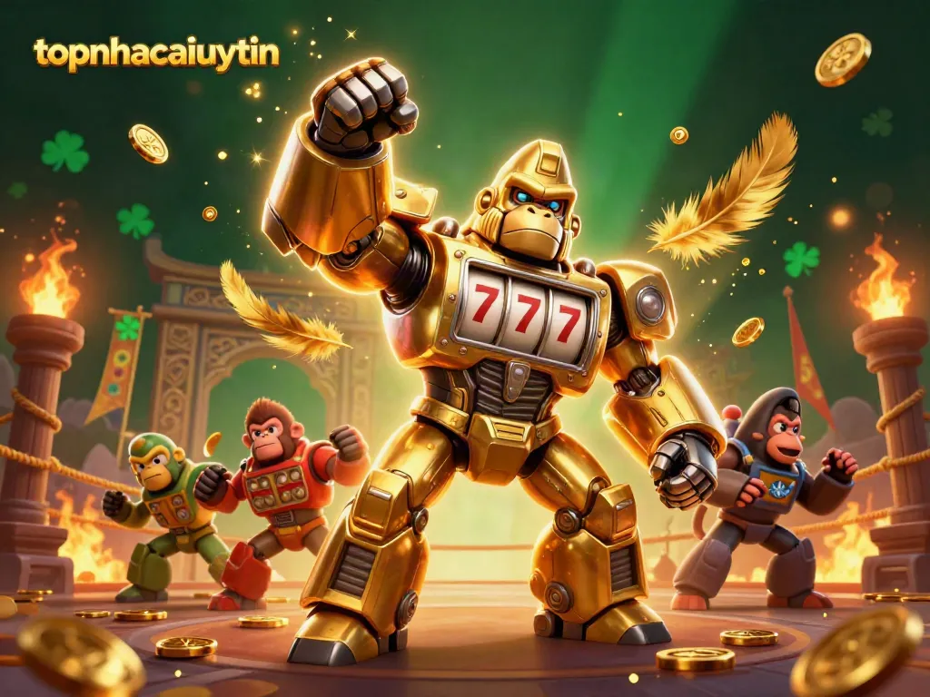 Experience thrilling gameplay with topnhacaiuytin in a dynamic casino scene featuring a golden mech and vibrant elements.