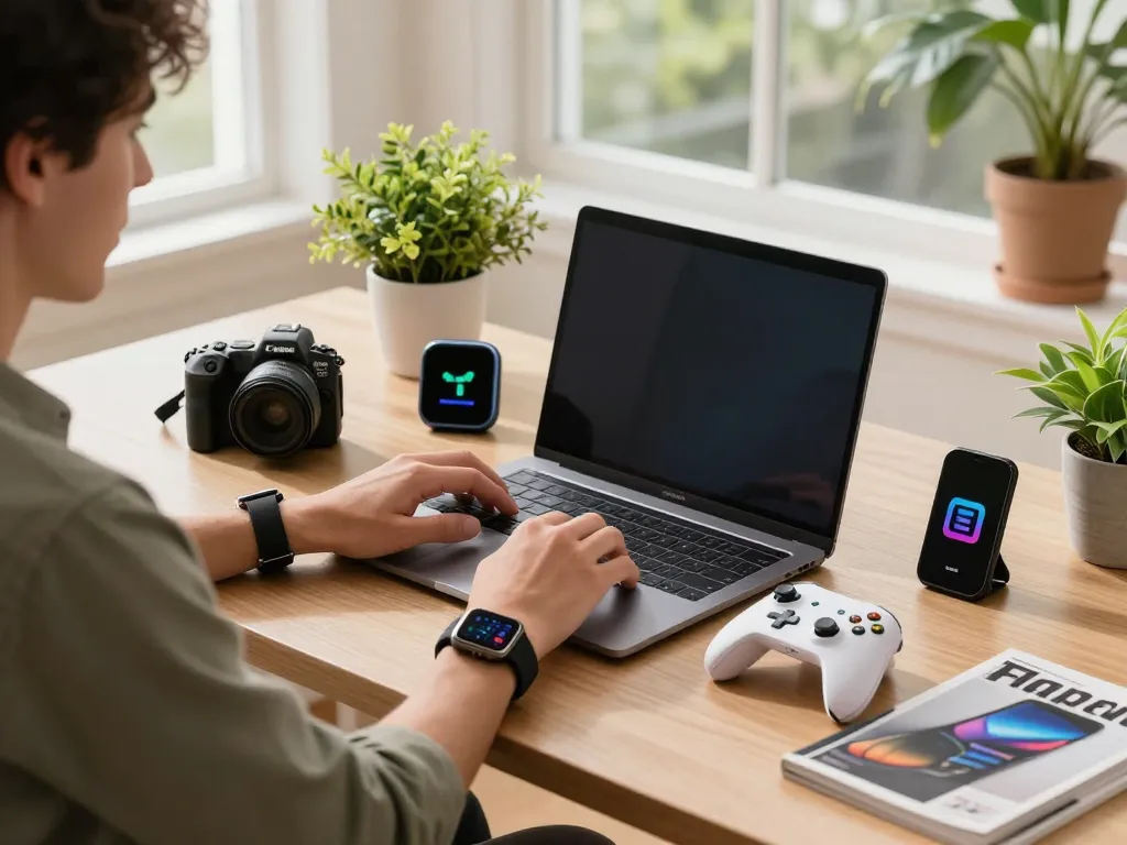 Engaging workspace showcasing affordable tech gadgets like a Bluetooth controller and smartwatch.