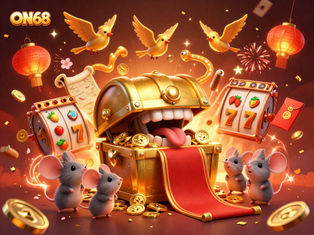 Engaging with ON68's golden treasure chest mimic while chasing jackpot rewards in a festive casino atmosphere.