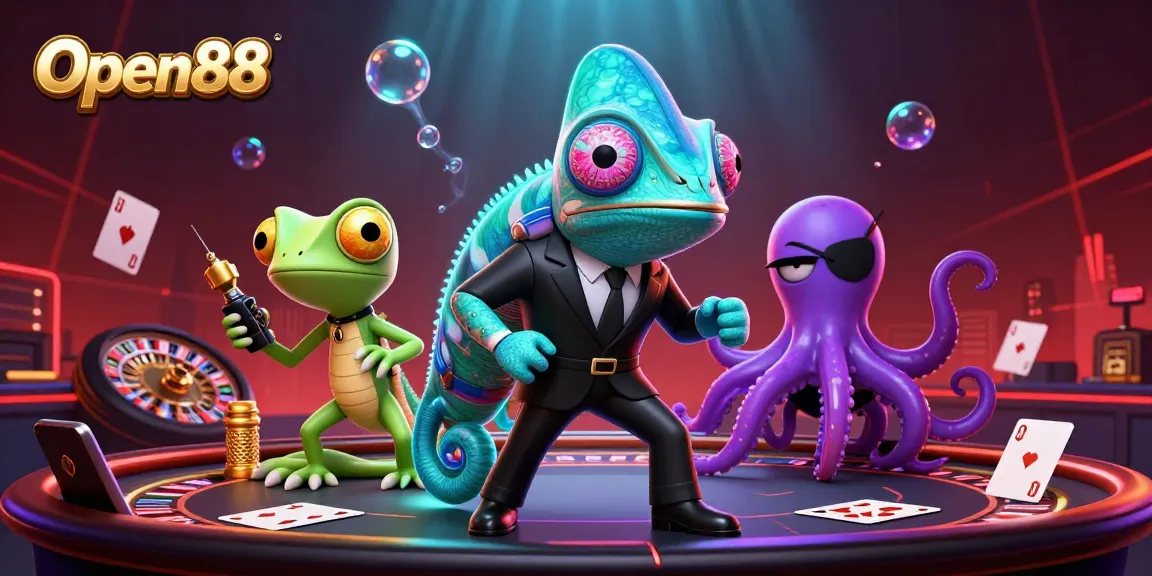 Open88 live casino action with a colorful 3D scene featuring characters enjoying games.