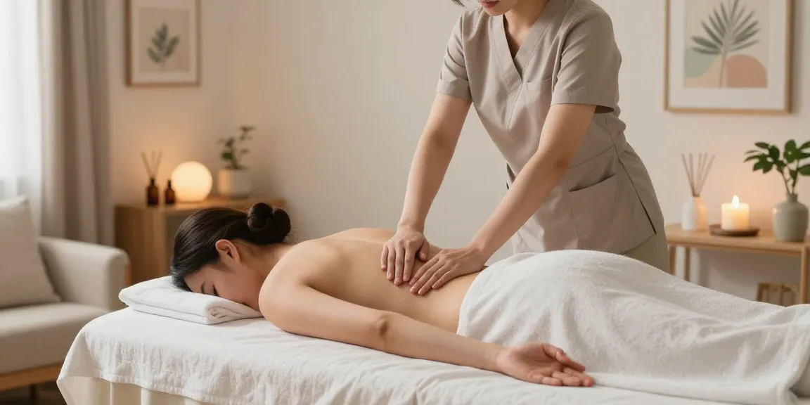 인천출장마사지 치료를 받고 있는 고객과 전문 마사지 치료사, 편안한 집 공간에서의 분위기.