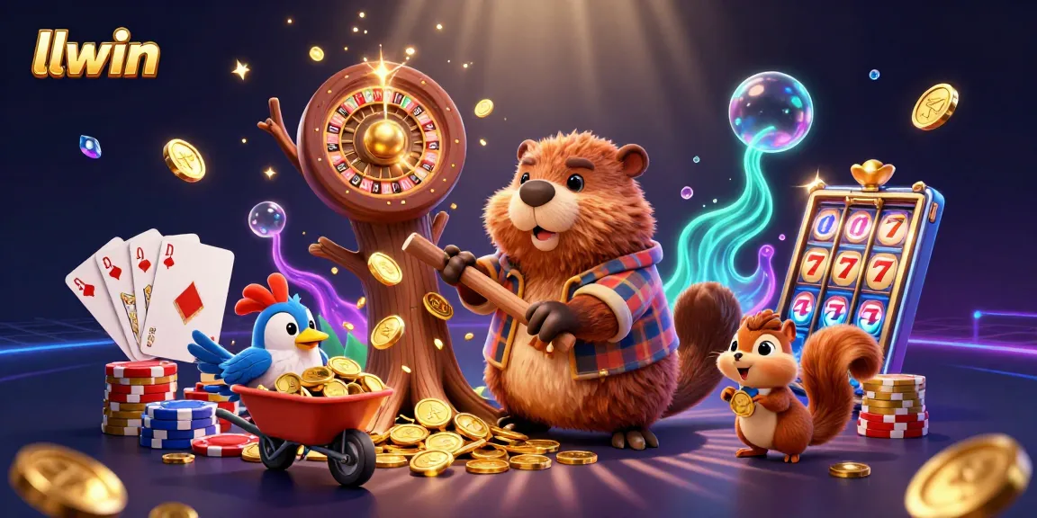 llwin offers a vibrant scene of a beaver collecting golden coins, showcasing excitement in gaming.