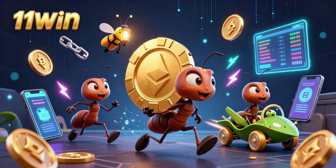 Engaging illustration of 11WIN featuring ants on a heist carrying a poker chip, depicting the lively gambling scene.