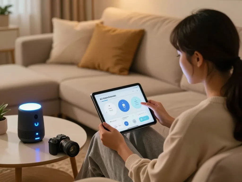 Couple exploring AI sex intimacy tools on a tablet in a cozy living room.