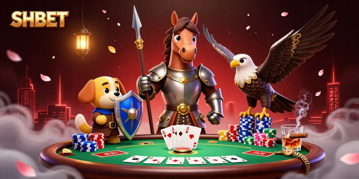Experience thrilling SHBET action with a knight, puppy, and falcon amid dynamic poker elements.