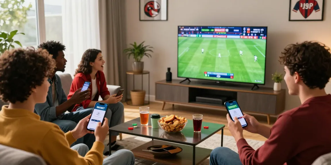 Friends using sbobet login on their smartphones during a live football match, enhancing the sports betting experience.
