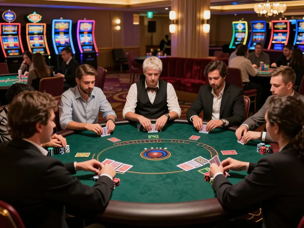 베팅 전략을 세우고 있는 플레이어들이 있는 engaging poker 게임 장면