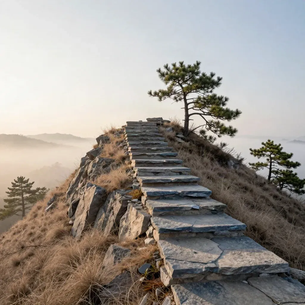 안개 걷히는 소나무 능선과 층층 돌계단, 새벽빛이 드는 고요한 산 풍경