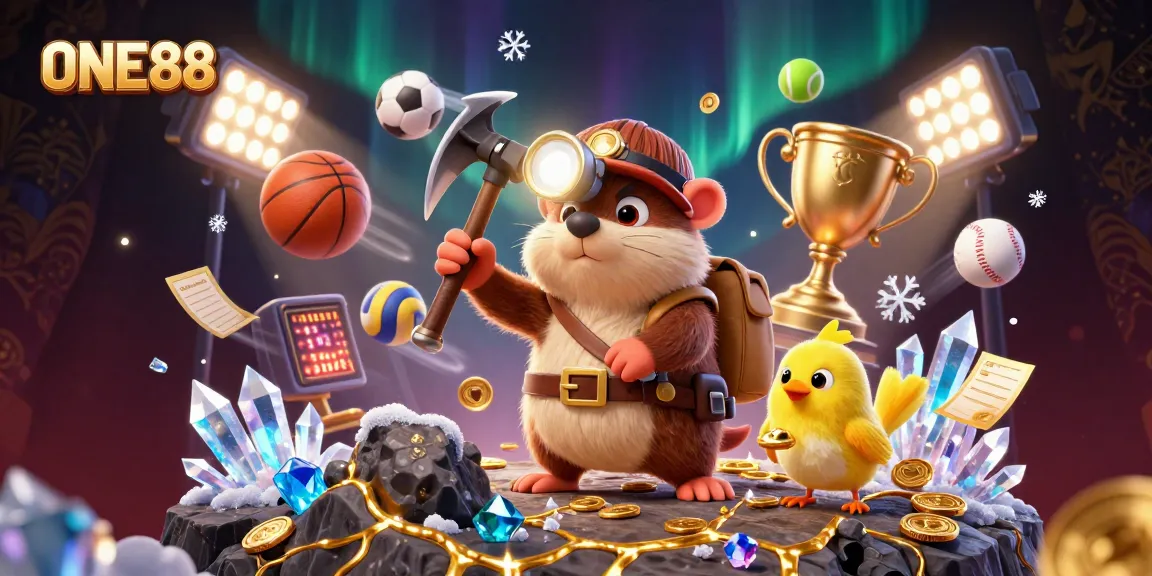 ONE88 betting scene with a treasure-hunting mole and sports elements showcasing thrilling action.