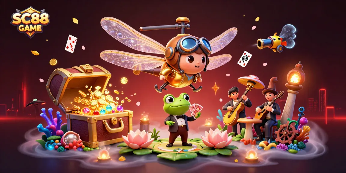 Engage in SC88 GAME with a vibrant 3D casino scene featuring a dragonfly pilot and frog dealer.