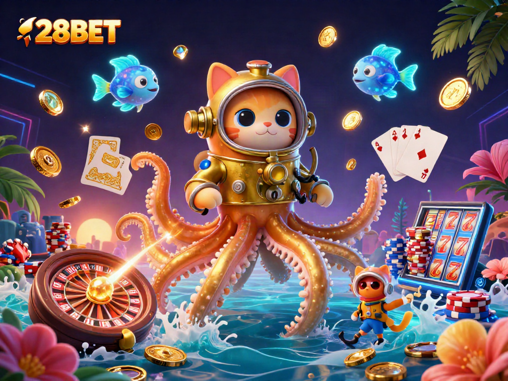 Experience thrilling games with 28BET, where colossal krakens meet exciting casino elements in a vibrant ocean.