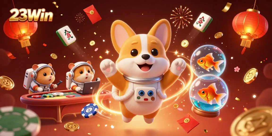Experience exciting gameplay at 23Win with a floating astronaut corgi and vibrant casino elements.