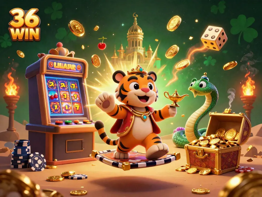 Experience the excitement of 36 WIN with a vibrant casino scene bursting with action and rewards.