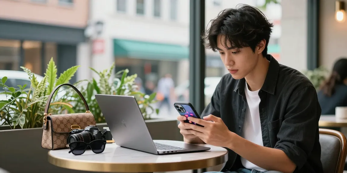 活気あるカフェでスマートフォンを使ってinstagram フォロワー 購入を行う魅力的なインフルエンサー。