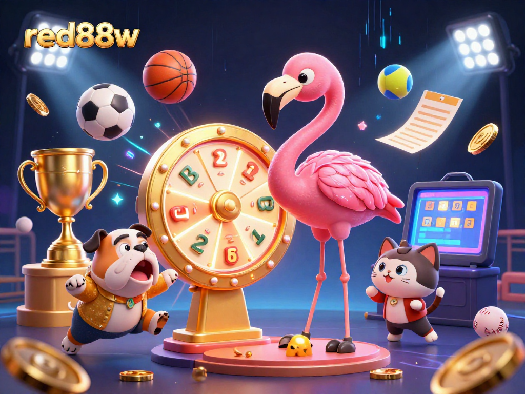 Engage with thrilling gameplay at red88w, featuring an exciting prize wheel scene with dynamic sports elements.