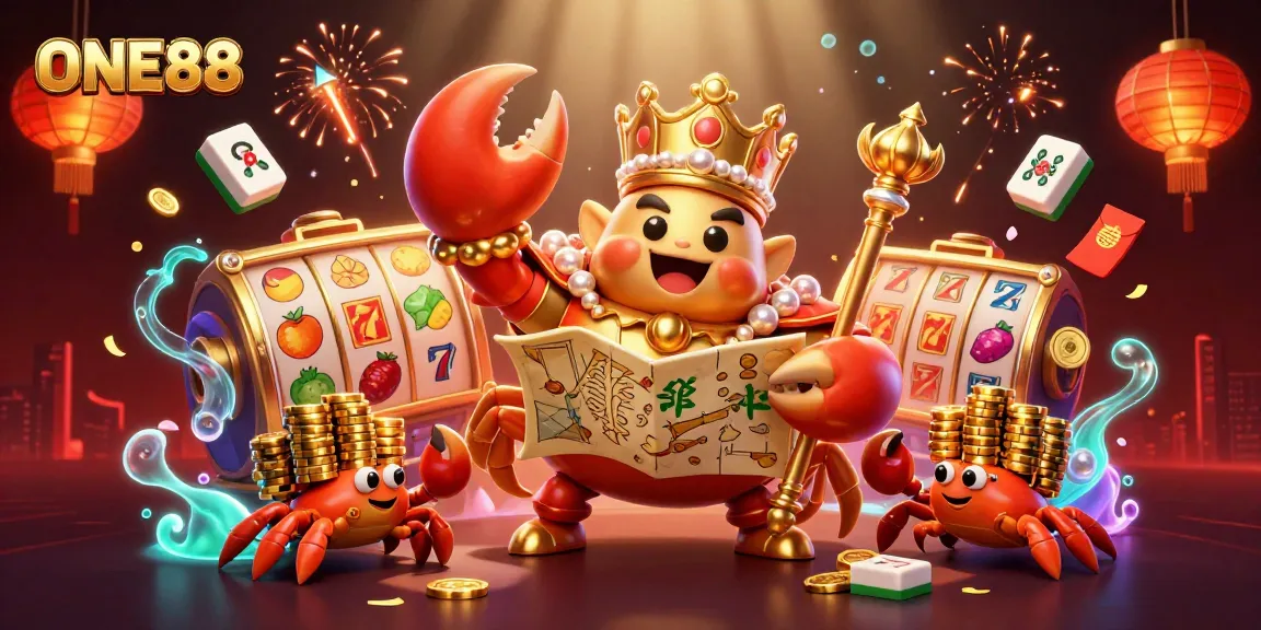One88 presents a vibrant scene with a golden crab emperor amidst rich casino symbols and glowing fireworks.