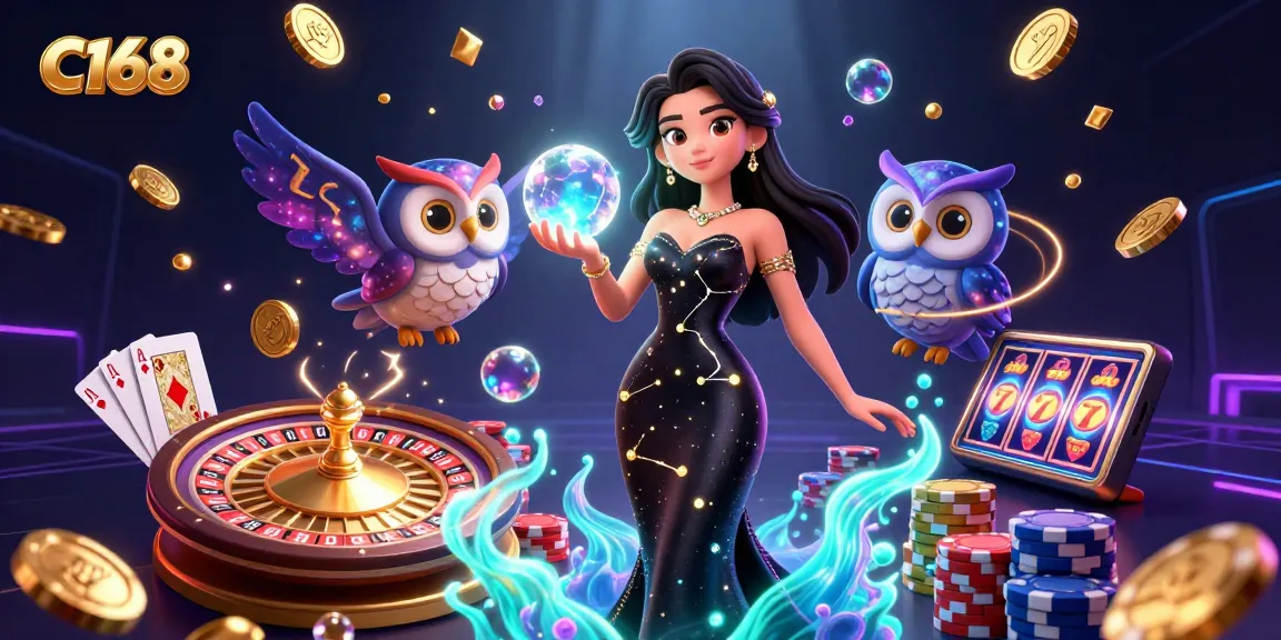 C168 spins the roulette wheel with magical elements and golden card games flying in a vibrant casino scene.