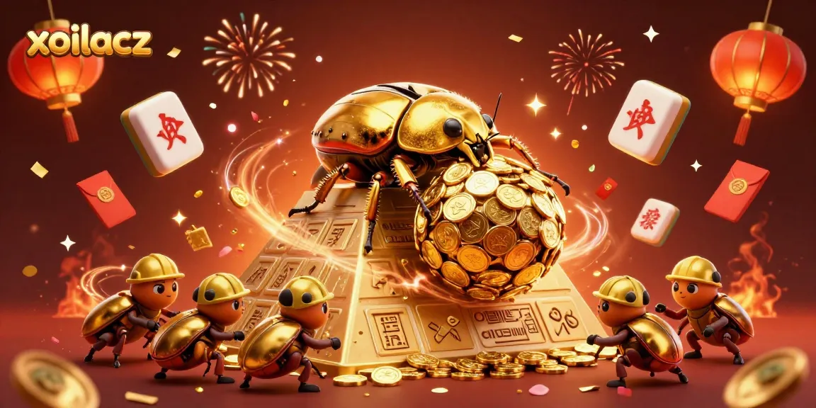 Experience Xoilacz action with golden beetles rolling coin balls amidst vibrant casino symbols.