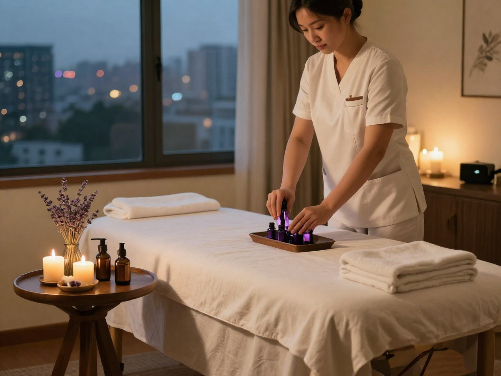 Luxury hotel room prepared for 출장안마 with a professional therapist and soothing atmosphere.