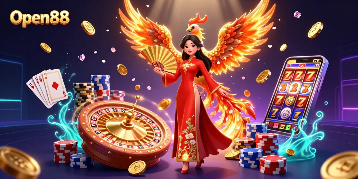 Open88 showcases a dazzling 3D scene of a woman in Vietnamese attire with a phoenix, symbolizing luck in gaming.