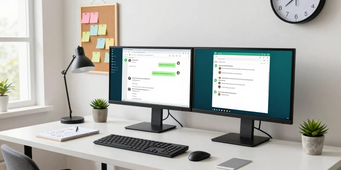 Engaging workspace displaying WhatsApp網頁版 on dual monitors, reflecting modern communication dynamics.